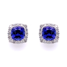 Claw Set Cushion Cut Tanzanite & Brilliant Cut Diamond Cluster Stud Earrings