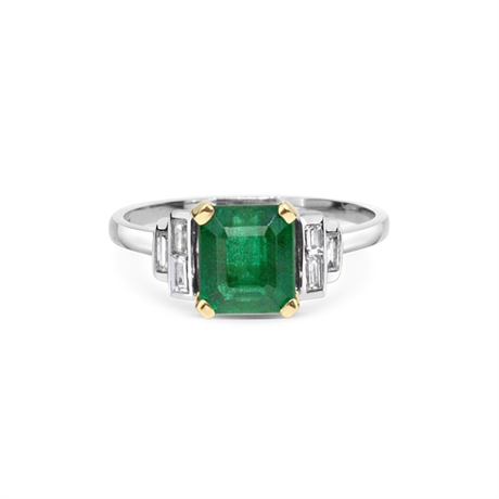 Emerald Octagon & Baguette Cut Diamond Engagement Ring