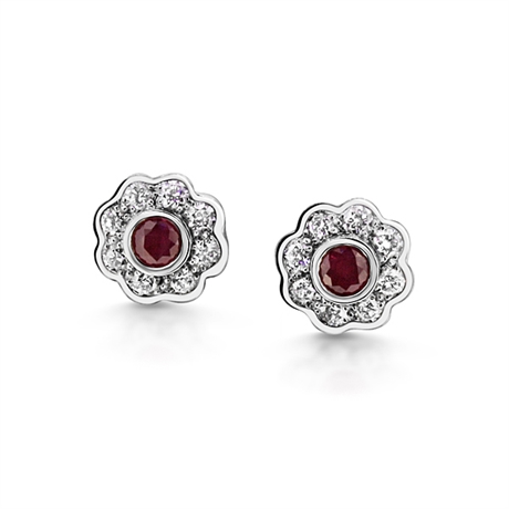 Rub-Over Set Ruby & Diamond Cluster Earrings