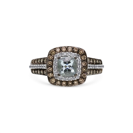 Aqua Cushion Cut & Champagne Diamond Double Cluster Ring 