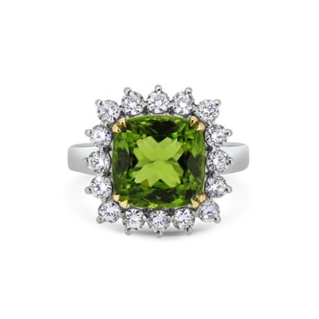 Cushion Cut Peridot & Diamond Cluster Ring