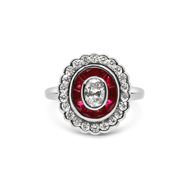 Oval Diamond & French Cut Ruby Target Cluster Ring 18ct White Gold