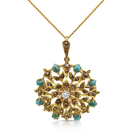 Victorian Turquoise Diamond & Pearl Circle Brooch / Pendant 