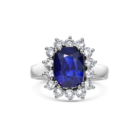 Cushion Cut Sapphire & Brilliant Cut Diamond Cluster Engagement Ring