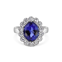 Oval Tanzanite & Diamond Cluster Ring With Millgrain Finish