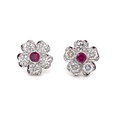 Ruby & Diamond Flower Stud Earrings