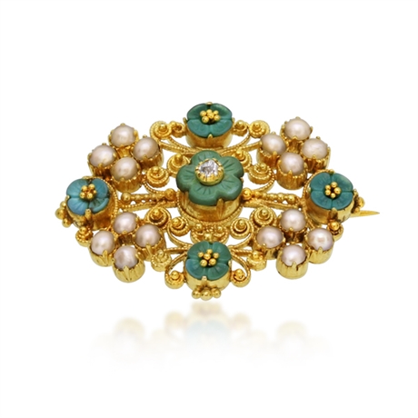 Turquoise & Pearl Victorian Gold Filigree Brooch