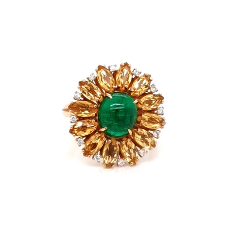 Emerald Oval Cabochon Yellow Sapphire & Diamond Cocktail Ring 2.73ct