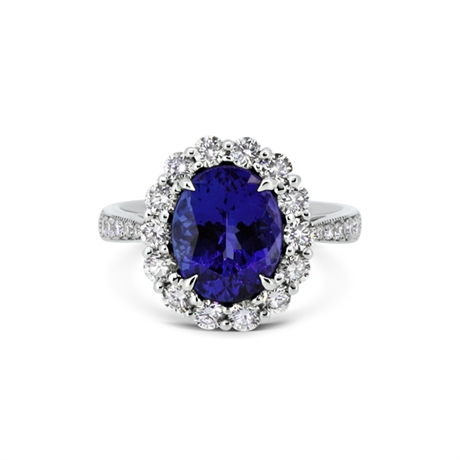 Oval Tanzanite & Brilliant Cut Diamond Cluster With Diamond Set Shoulders