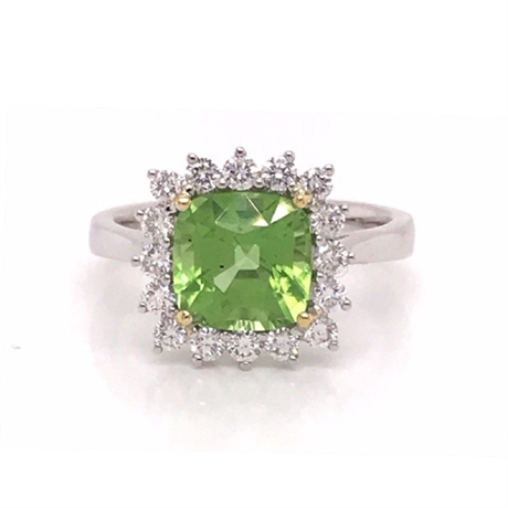 Cushion Cut Peridot & Diamond Claw Set Cluster Ring