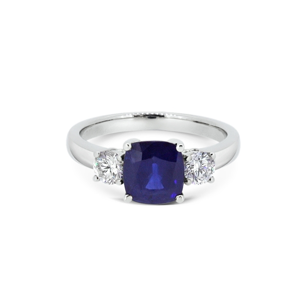 Cushion Cut Sapphire & Diamond Three Stone 18ct White Gold