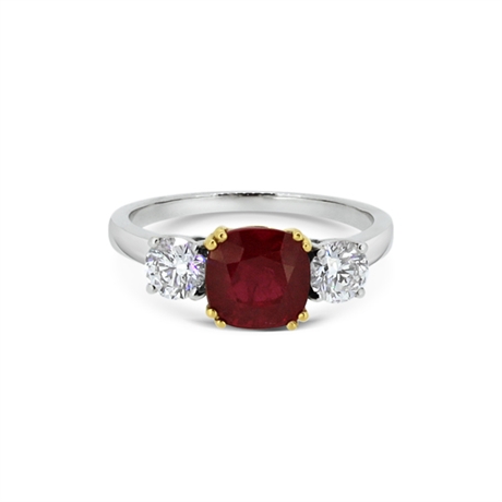 Cushion Cut Ruby & Brilliant Cut Diamond Three Stone Ring