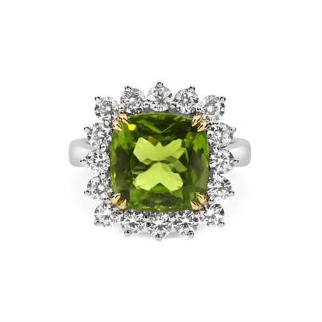 Cushion Cut Peridot & Brilliant Cut Diamond Cluster Dress Ring