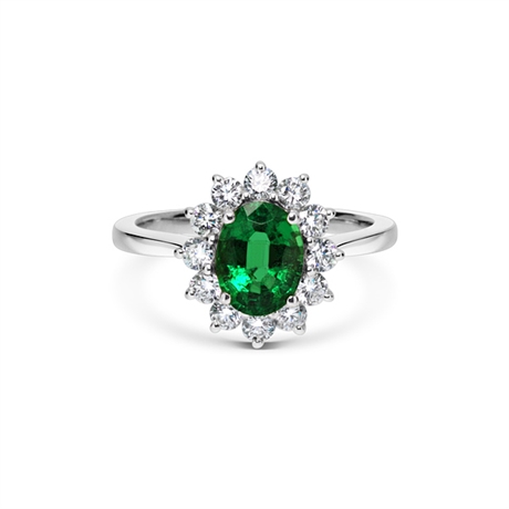 Emerald Oval & Brilliant Cut Diamond Cluster Ring