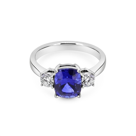 Cushion Cut Sapphire & Diamond Claw Set Three Stone Engagement Ring