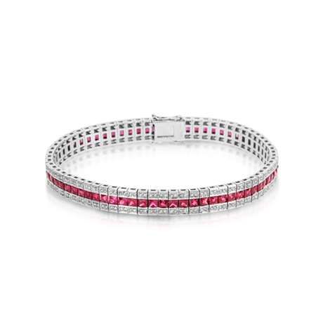 Ruby Princess Cut & Brilliant Cut Diamond Triple Row Bracelet