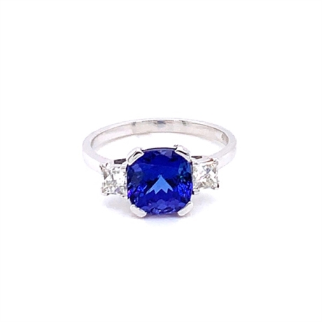 Tanzanite Cushion Cut & Princess Cut Diamond Three Stone Ring