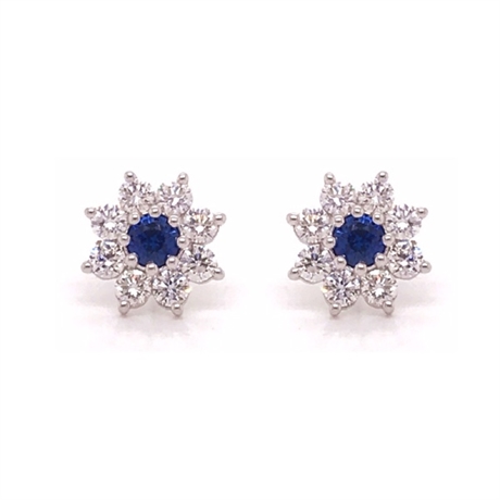 Sapphire Diamond Flower Cluster Stud Earrings