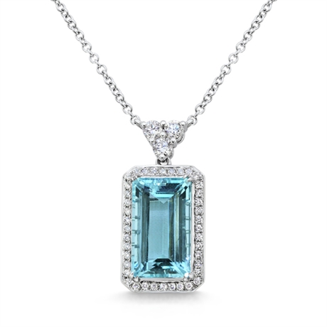 Octagon Aquamarine & Brilliant Cut Diamond Cluster Pendant With Trefoil Bail