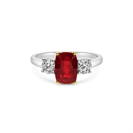 Cushion Cut Ruby & Brilliant Cut Diamond Three Stone Engagement Ring