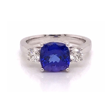 Cushion Cut Tanzanite & Brilliant Cut Diamond Trilogy Ring