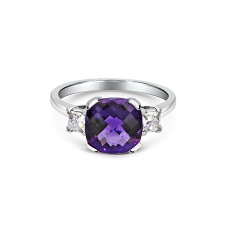 Checkerboard Amethyst & French Cut Diamond 3 Stone