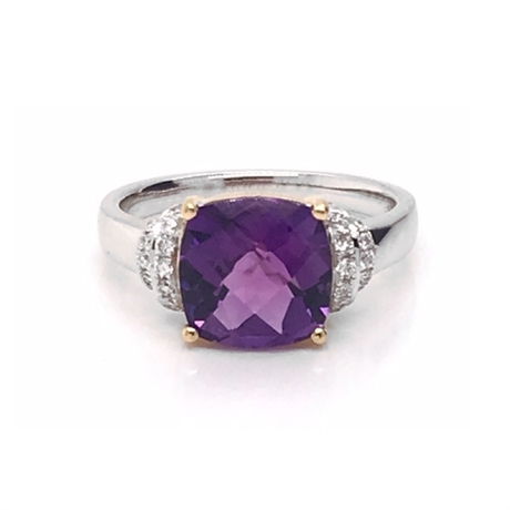 Checkerboard Cushion Cut Amethyst & Diamond Dress Ring