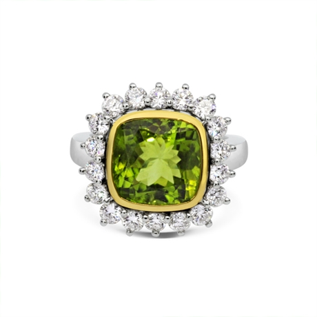 Cushion Peridot Cut Rub-Over Set Cluster Ring