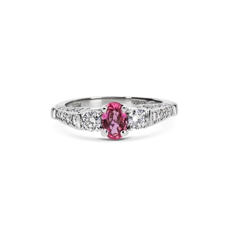 Oval Pink Sapphire Engagement Ring With Diamond Set Shoulders