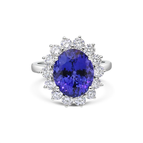 Claw Set Oval Tanzanite & Brilliant Cut Diamond Cluster Ring