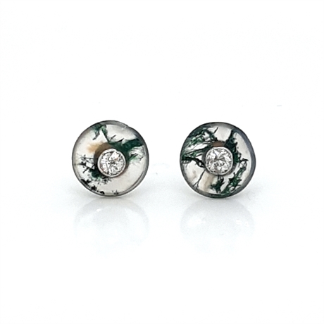 Moss Agate & Diamond Stud Earrings