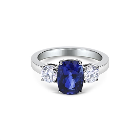 Cushion Cut Sapphire & Brilliant Cut Diamond Claw Set 3 Stone