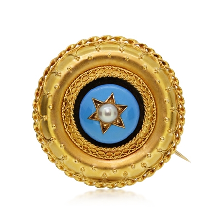 Victorian Circular Enamel, Pearl & 18ct Yellow Gold Brooch