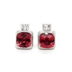 Pink Tourmaline & Princess Cut Diamond Stud Earrings