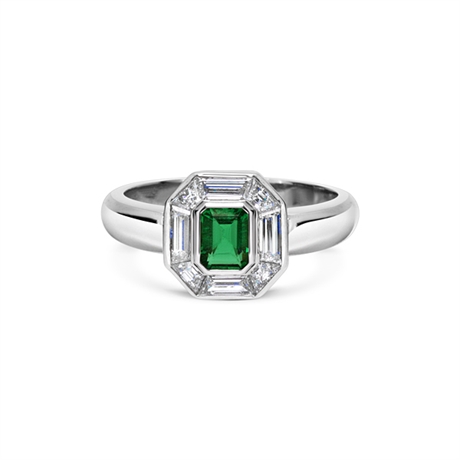 Emerald & Trapeze Cut Diamond Cluster Ring