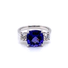 Cushion Cut Three Stone Tanzanite & Diamond Dress Ring