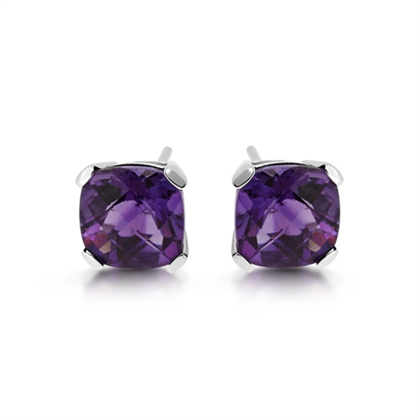 Amethyst Checkerboard Cushion Cut Stud Earrings