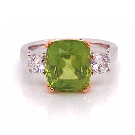 Peridot Cushion Cut Claw Set & Diamond Three Stone Dress Ring