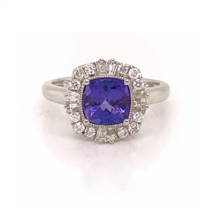 Vintage Style Cushion Cut Tanzanite & Tapered Baguette Cut Diamond Cluster Ring 
