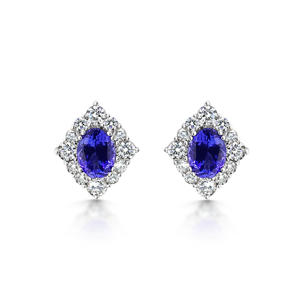 Oval Tanzanite & Brilliant Cut Cluster Stud Earrings 18ct White Gold