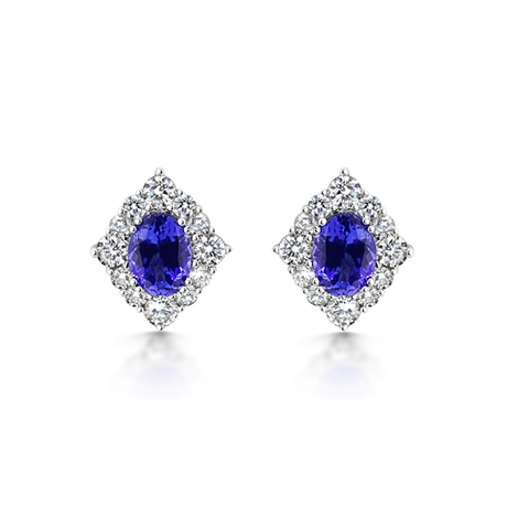 Oval Tanzanite & Brilliant Cut Cluster Stud Earrings