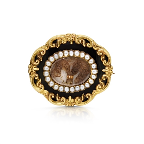 Victorian Enamel, Pearl & Gold Mourning Brooch