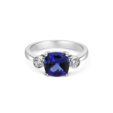 Cushion Cut Tanzanite & Brilliant Cut Rub-Over Diamond Ring