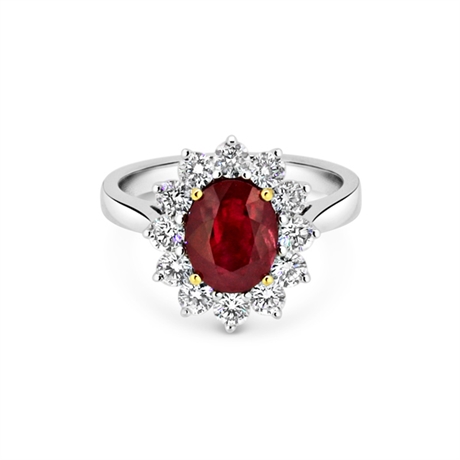 Oval Ruby & Brilliant Cut Claw Set Cluster Engagement Ring