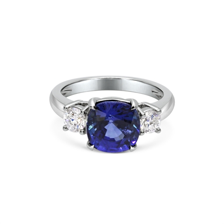 Sapphire Cushion Cut & Brilliant Cut Diamond 3 Stone Ring