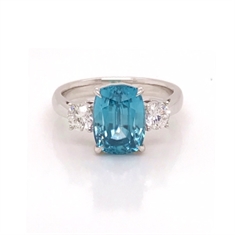 Cushion cut Blue Zircon & Brilliant Cut Diamond Three Stone Ring