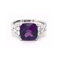 Checkerboard Cushion Cut Amethyst Dress Ring With Trefoil Diamond Shoulders