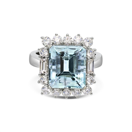 18ct white gold octagon aquamarine and diamond claw set cluster ring