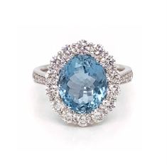 Oval Aquamarine & Brilliant Cut Diamond Cluster Ring 