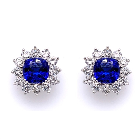 Tanzanite Cushion Cut Claw Set Round Brilliant Cut Diamond Cluster Studs